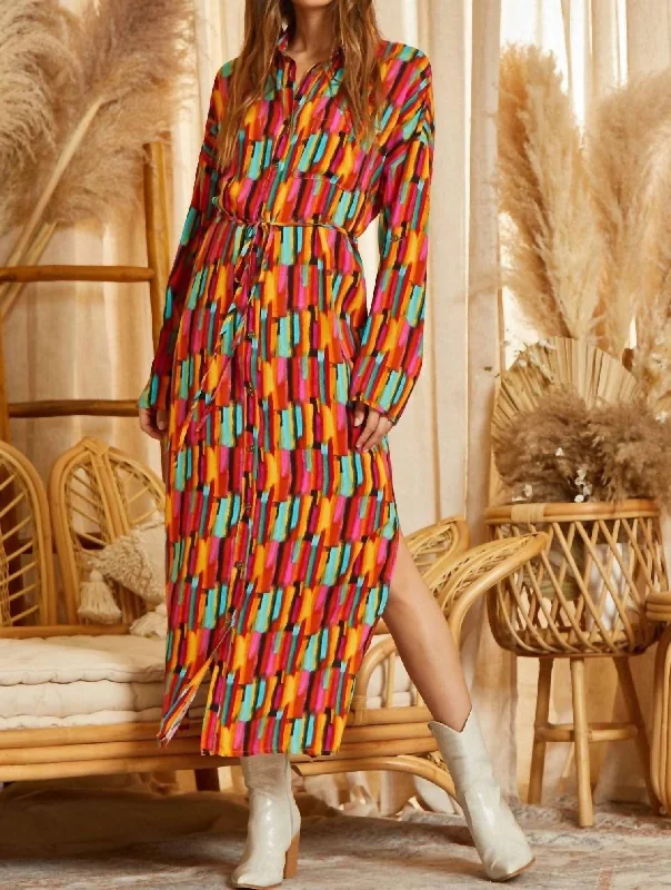 Elegant Women's Evening Garments Button Down Fun Print Maxi Shirt Dress In Multi Color