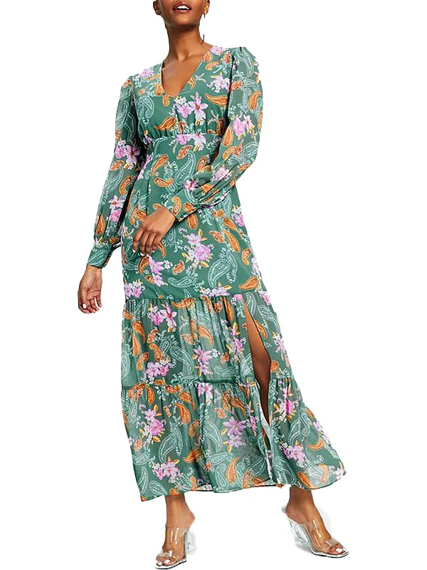 Boho Chic Fashion Petites Womens Chiffon Floral Maxi Dress
