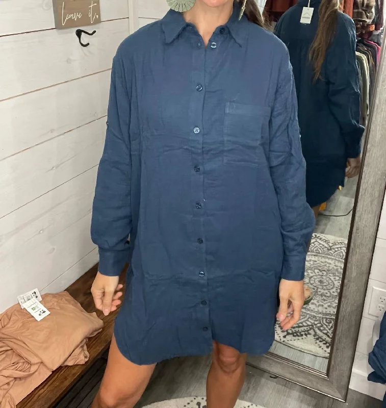 Women's Romantic Outfit Gauze Oversized Long Sleeve Shirt Dress In Navy
