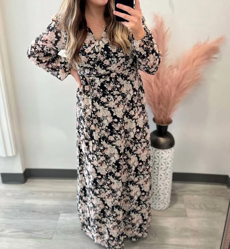 Sophisticated Style Chiffon Floral Maxi Dress In Black