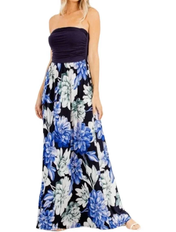 Casual Dresses for Women Floral Print Sleeveless Maxi Dress In Navy