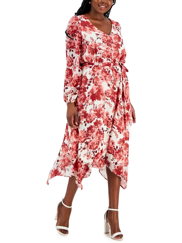 Relaxed Style Womens Floral Handkerchief Hem Fit & Flare Dress