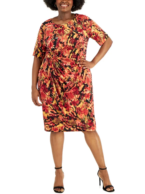 Women's Vintage-Inspired Outfit Plus Womens Floral Print Knee-Length Sheath Dress