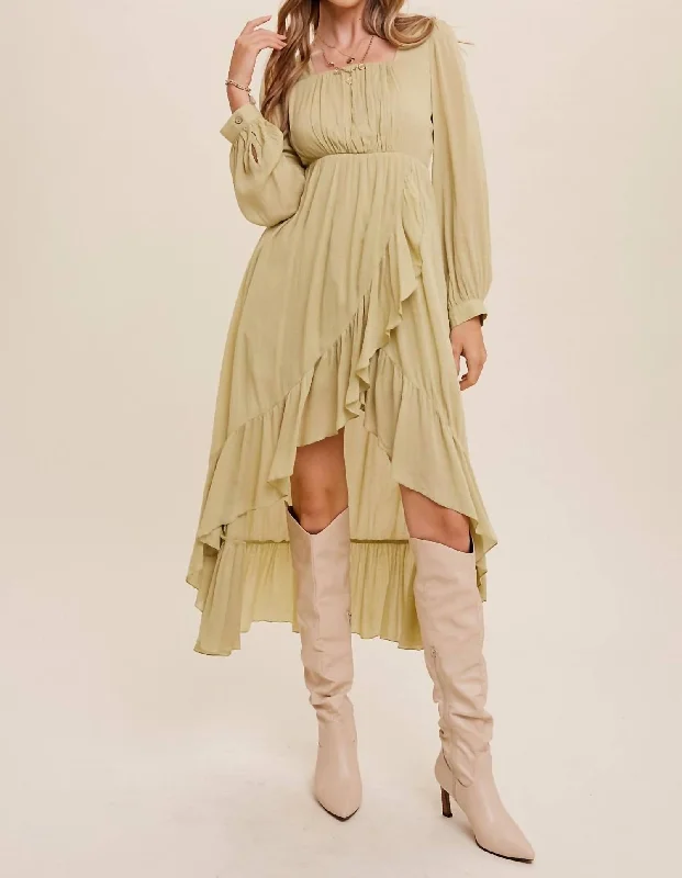 Women's Stylish Professional Garments High Low Ruffled Wrap Style Maxi Dress In Light Olive