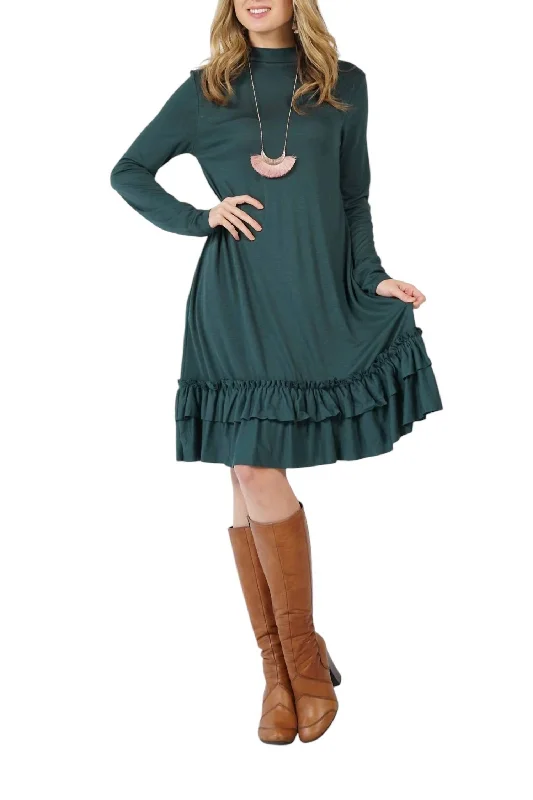 Vintage Women's Fashion Long Sleeve Mock Neck Ruffle Hem Dress In Green
