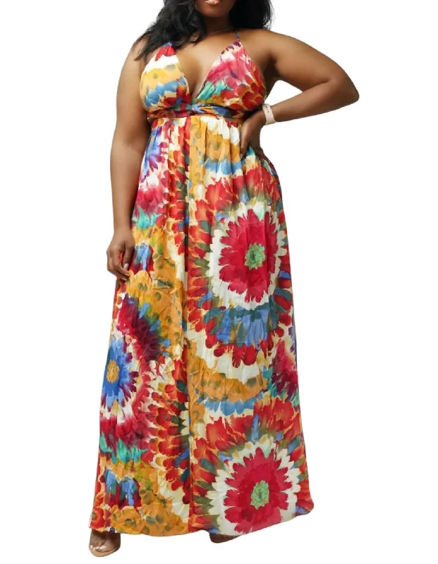 Women's Vacation Outfit Set Sleeveless Maxi Dress In Red Multi