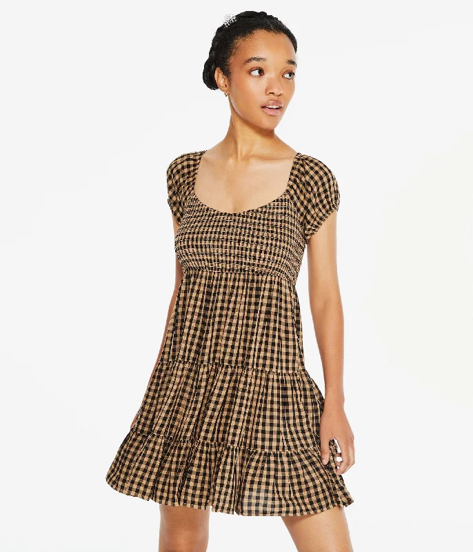 Comfortable Casual Women's Clothing Aeropostale Gingham Scoop-Neck Smocked Babydoll Dress