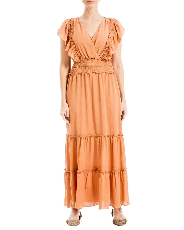Evening Looks Max Studio Crepe Flutter Sleeve V-Neck Smocked Maxi Dress
