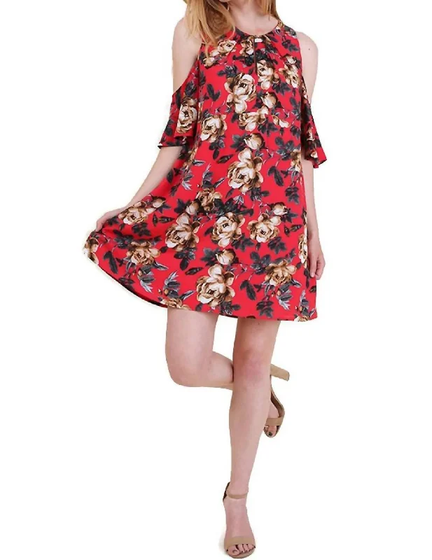 Women's Active Outfit For Fitness Floral Cold Shoulder Dress In Red