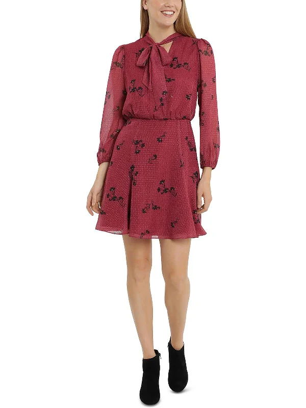 Women's Luxury Garments Petites Womens Floral Tie-Neck Fit & Flare Dress