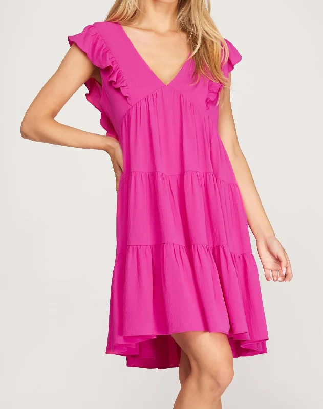 Comfortable Loungewear for Women Sleeveless Woven Ruffled Dress In Magenta Pink