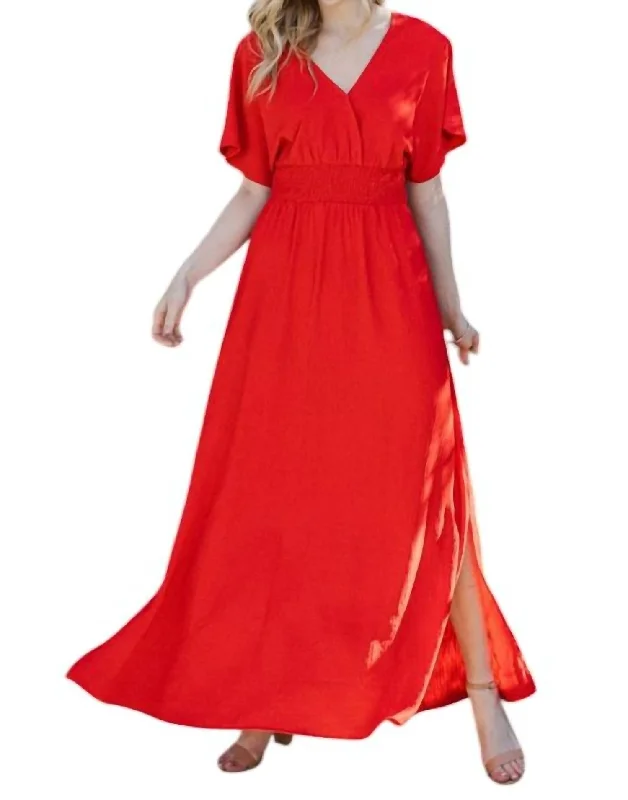 Online Clothing Boutiques Solid Woven Wrap Maxi Dress In Red