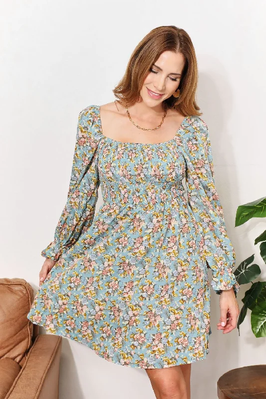 Plus-Size Women's Garments Floral Smocked Flounce Sleeve Square Neck Dress