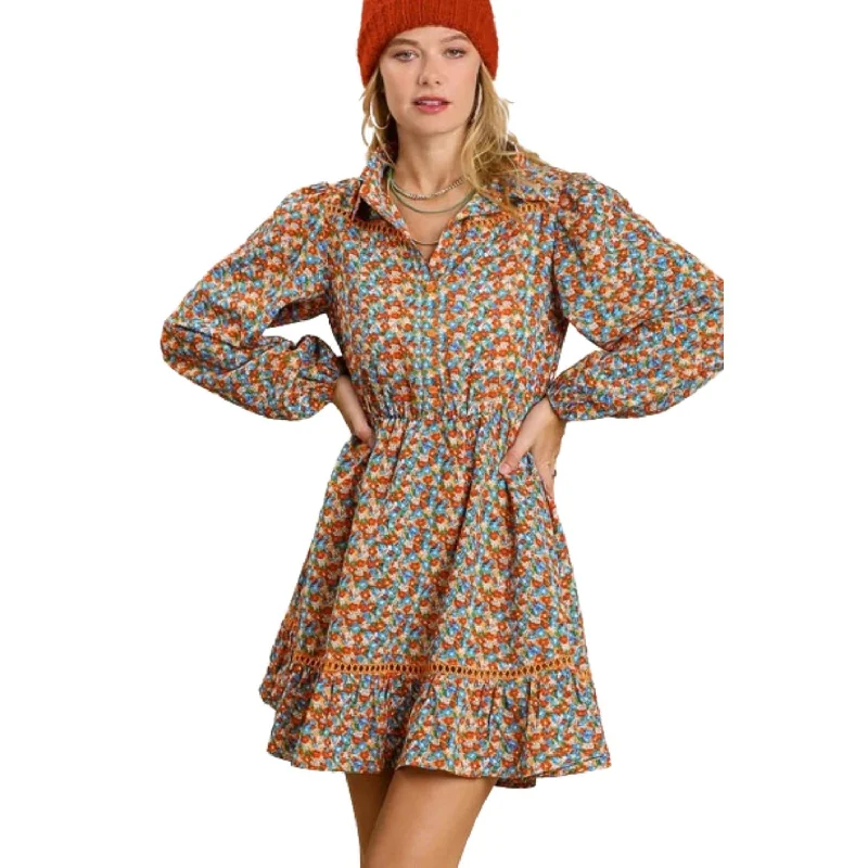Easygoing Women's Style Collared Neckline Button Down Floral Print Dress With Crochet Trimmed Details