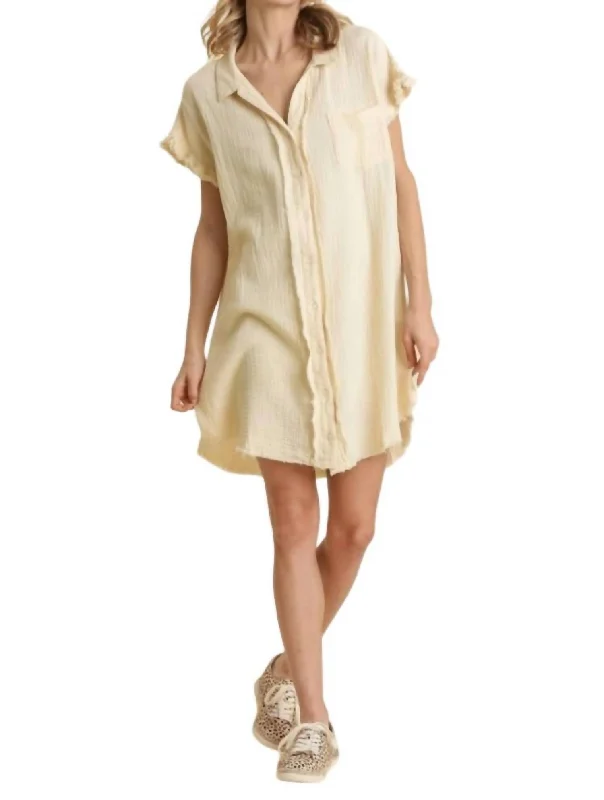 Women's Clothing Online Short Sleeve Gauze Shirt Dress In Cream