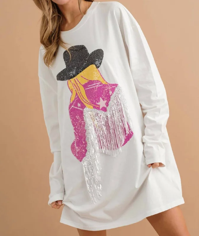 Women's Apparel And Garments Long Sleeve Sequin Cow Girl Dress In White