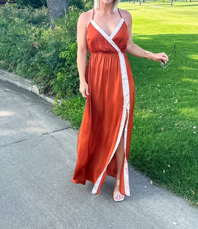Women's Elegant Evening Outfit Class Favorite Satin Maxi Dress In Burnt Orange