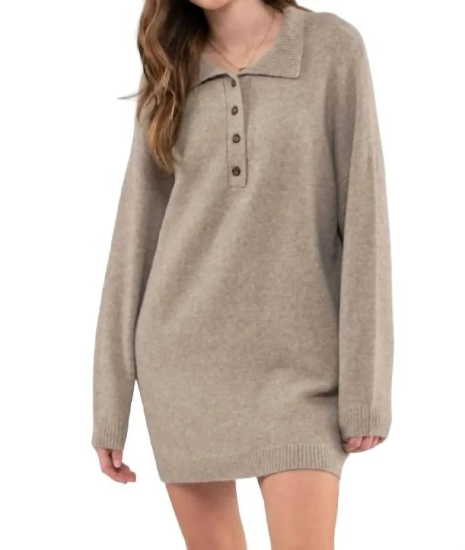 Online Shopping Boutiques Collared Drop Shoulder Sweater Dress In Taupe