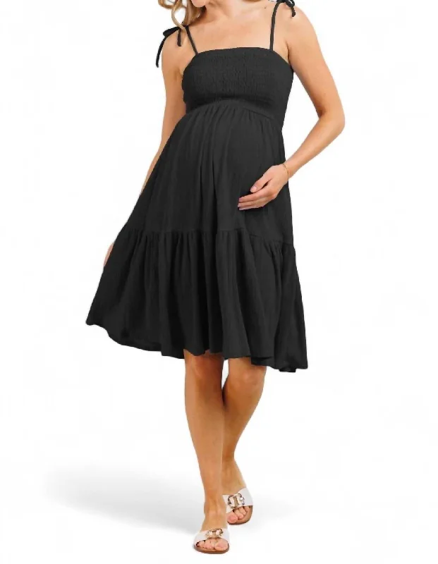 Bold Fashion Smocked Tie Strap Maternity Ruffle Dress In Black