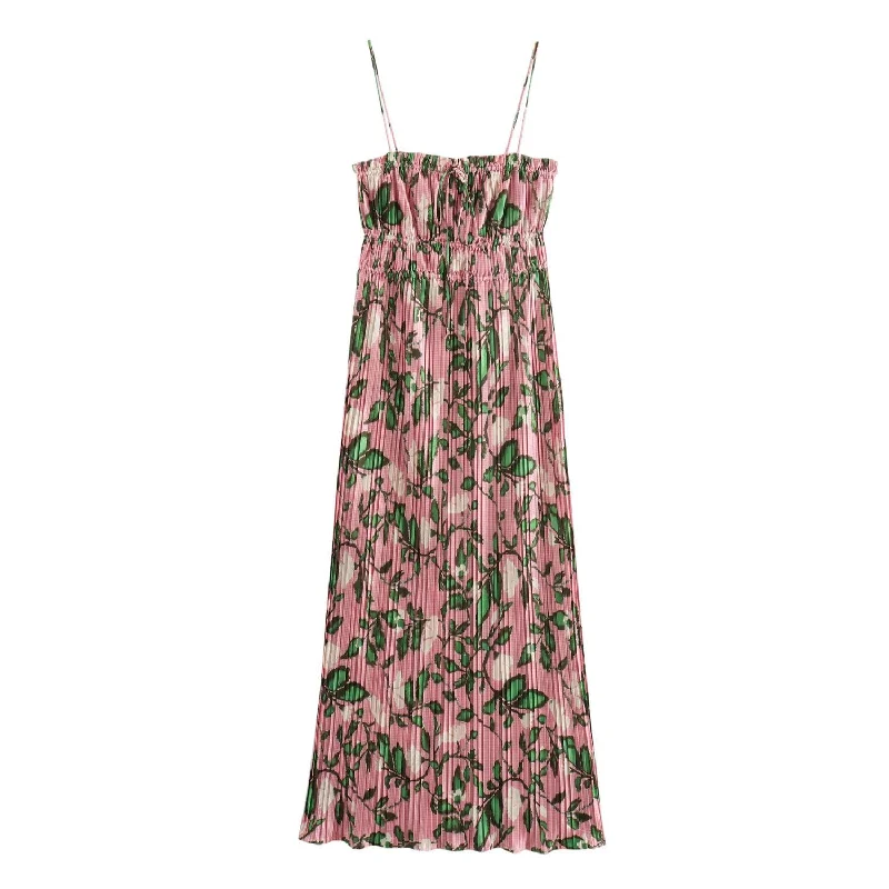Comfortable Loungewear for Women Women's Botanical Print Pleated Maxi Dress In Pink