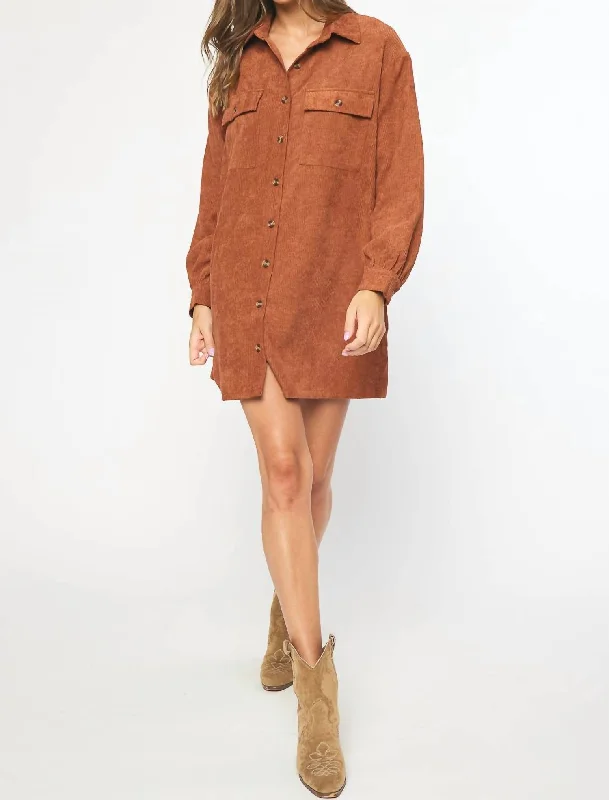 Casual Dresses for Women Corduroy Long Sleeve Button Up Dress In Cinnamon