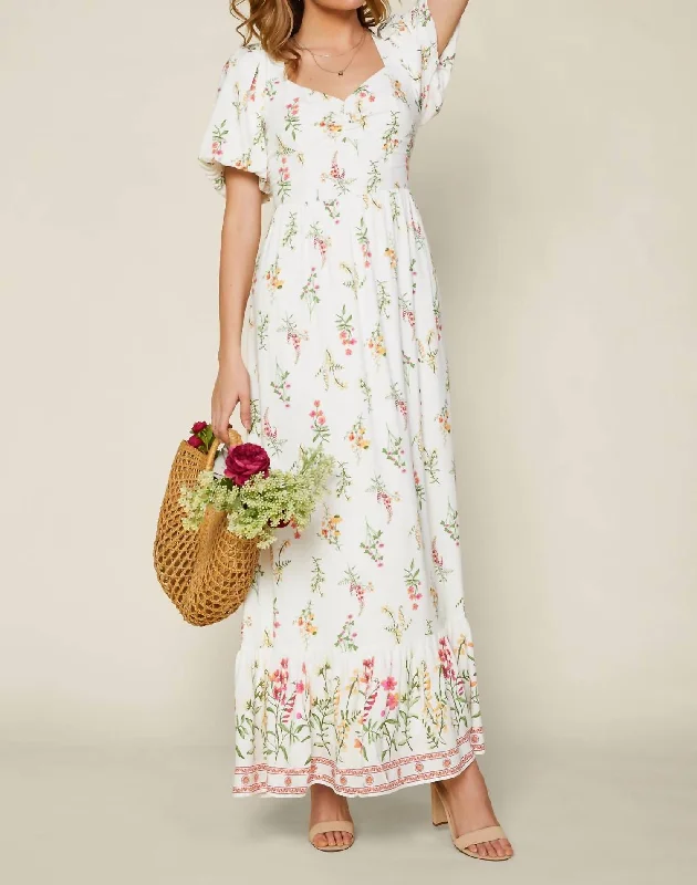 High-End Women's Apparel Floral Border Maxi Dress In Red Ivory