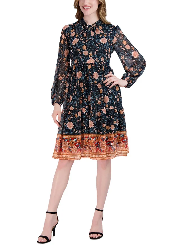 Clothing Brands Petites Womens Floral Print Chiffon Fit & Flare Dress