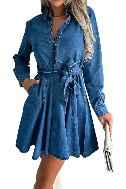 Women's Urban Clothing Tied Half Button Long Sleeve Denim Dress In Dusty Blue