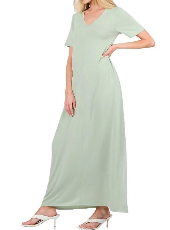High-Fashion Women's Clothing V-Neck Short Sleeve Maxi Dress In Dusty Green
