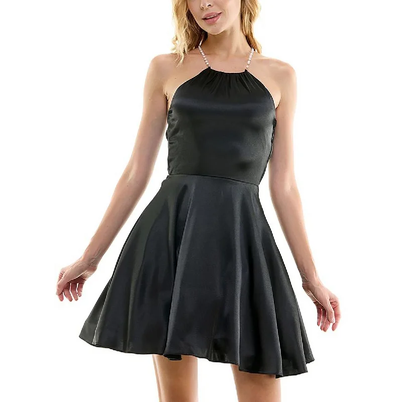 Fashion-forward Women's Wear Juniors Womens Satin Faux Pearls Fit & Flare Dress