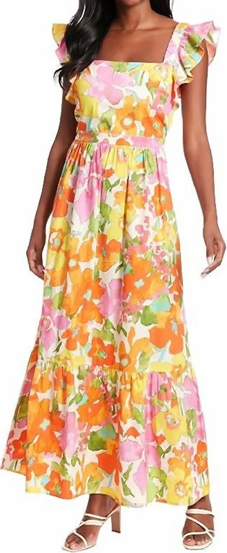 Women's Clothing Boutique Ruffle Sleeve Square Neck Maxi Dress In Ivory/pink