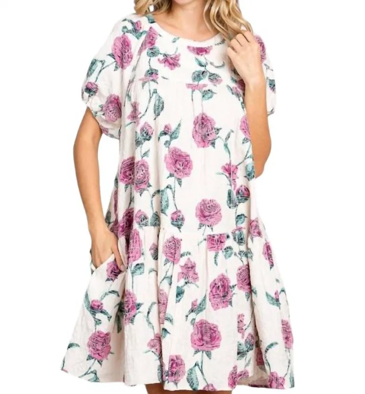 Casual Fashion Curvy Floral Embroidered Jacquard Dress In Mauve