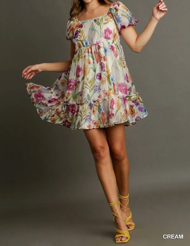 Clothing For Women Short Balloon Sleeve Organza Dress In Floral Print