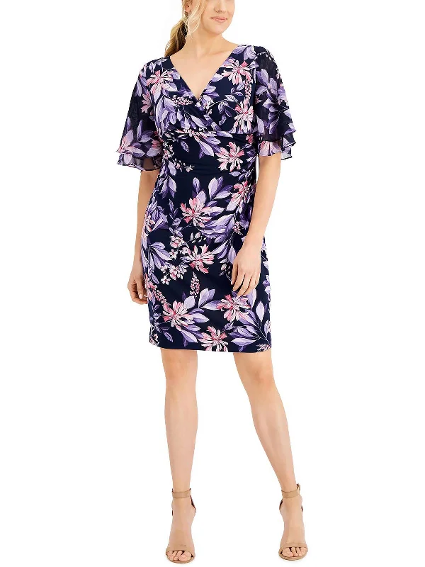 Preppy Style Petites Womens Floral Flare Sleeve Sheath Dress