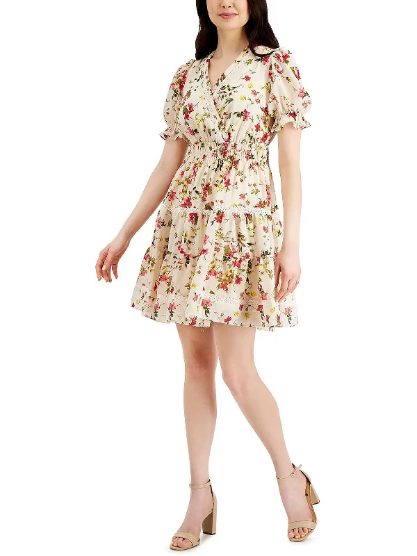 Sales For Clothes Petites Womens Lace Inset Floral Print Fit & Flare Dress