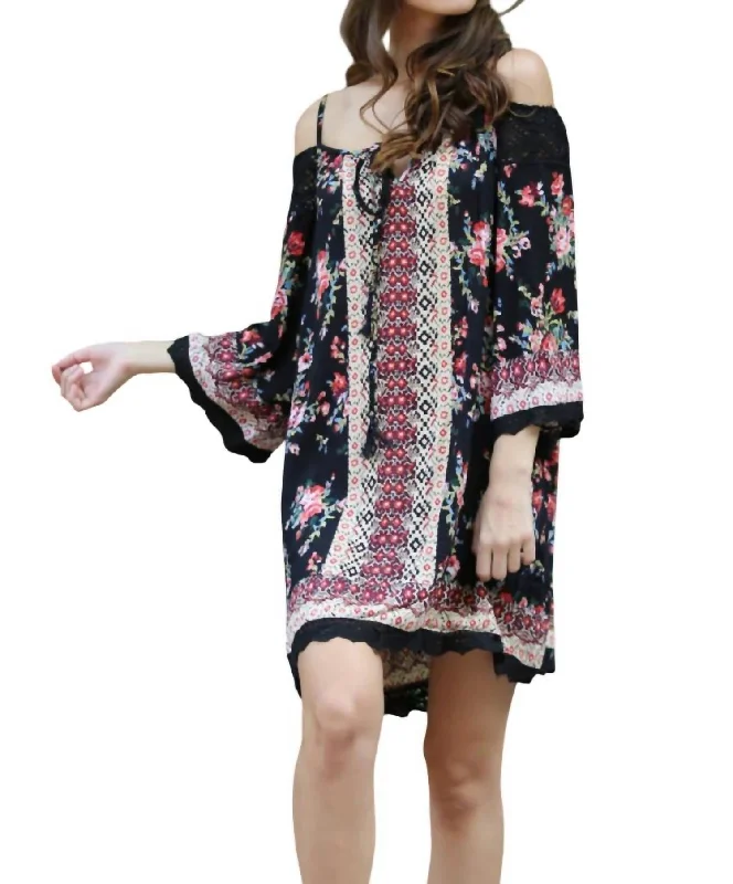 High End Women's Wear Floral Twin Print Cold Shoulder Dress In Black