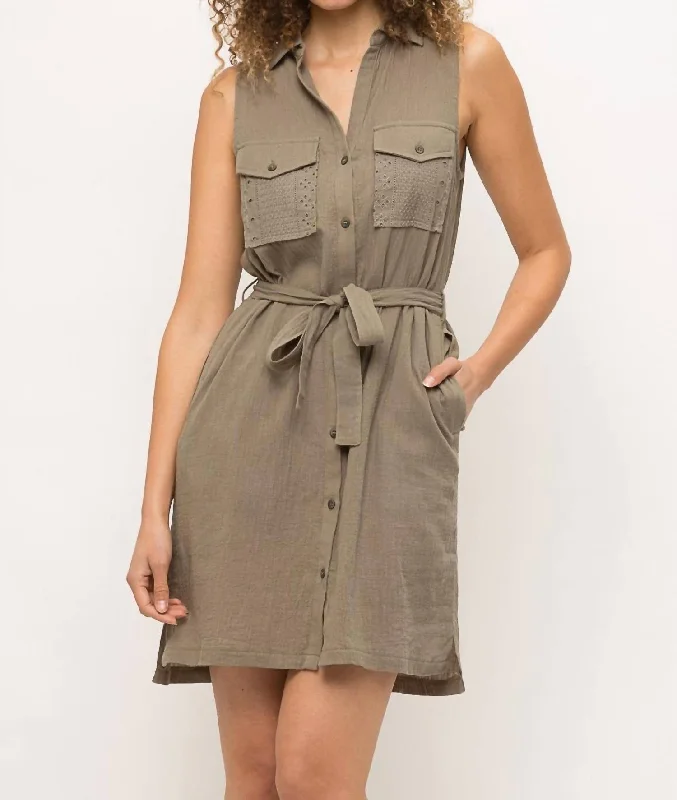 Chic Women's Clothing Online Cassie Sleeveless Shirt Dress In Taupe