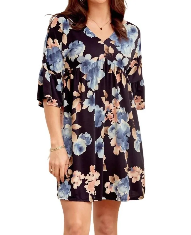 Clothes For Women V-Neck Baby Doll Dress - Plus In Navy Multi Floral