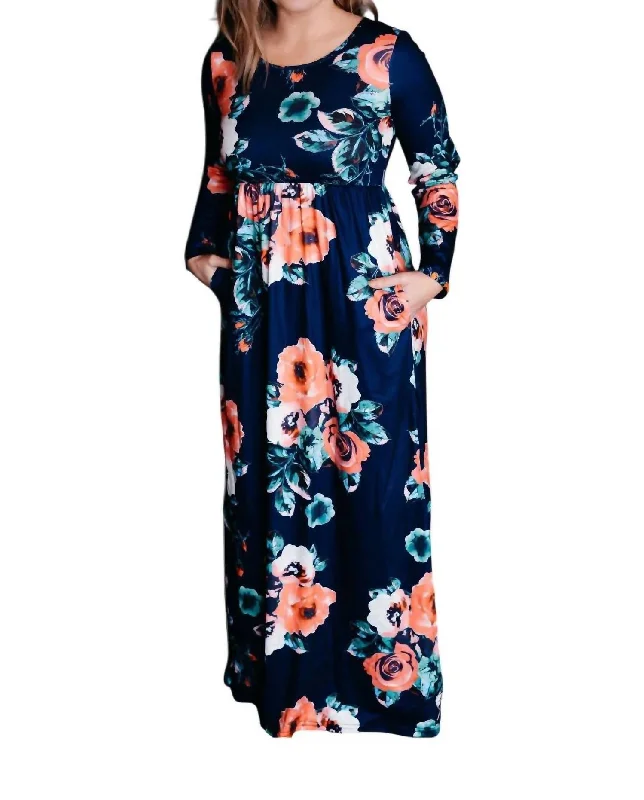 Bold and Elegant Women's Fashion Floral Babydoll Maxi Dress In Navy