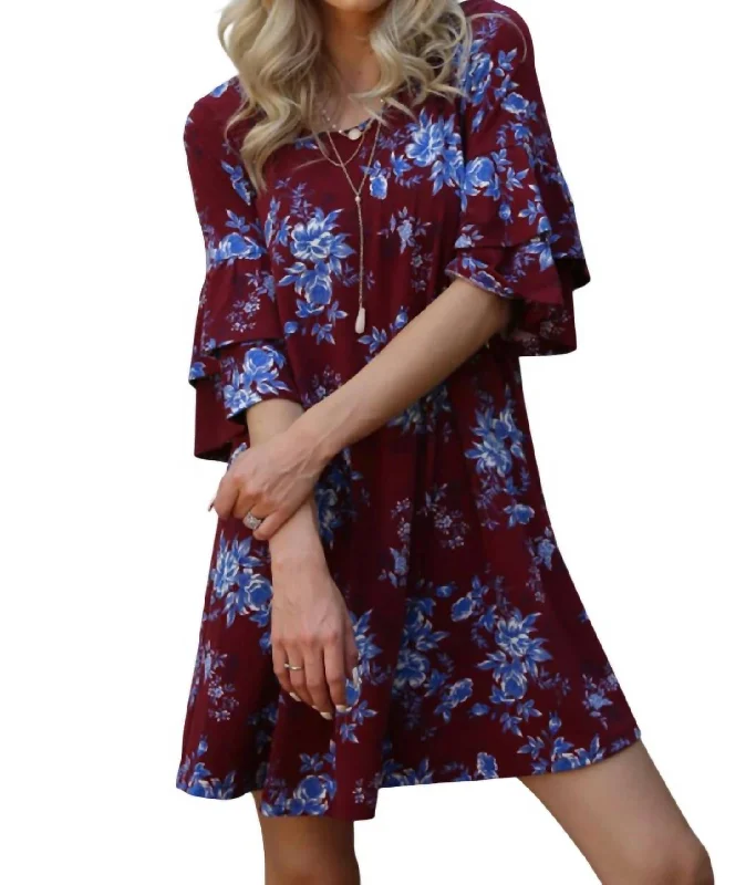 Contemporary Women's Clothing Floral Double Ruffle Sleeve Dress In Plum