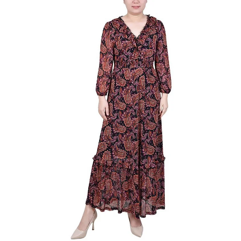 Timeless Elegance Petites Womens AztecPrint Long Sleeved Wear To Work Dress