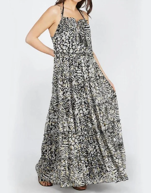 Affordable Trendy Clothes For Women Always Animal Tiered Maxi Dress In Black & White