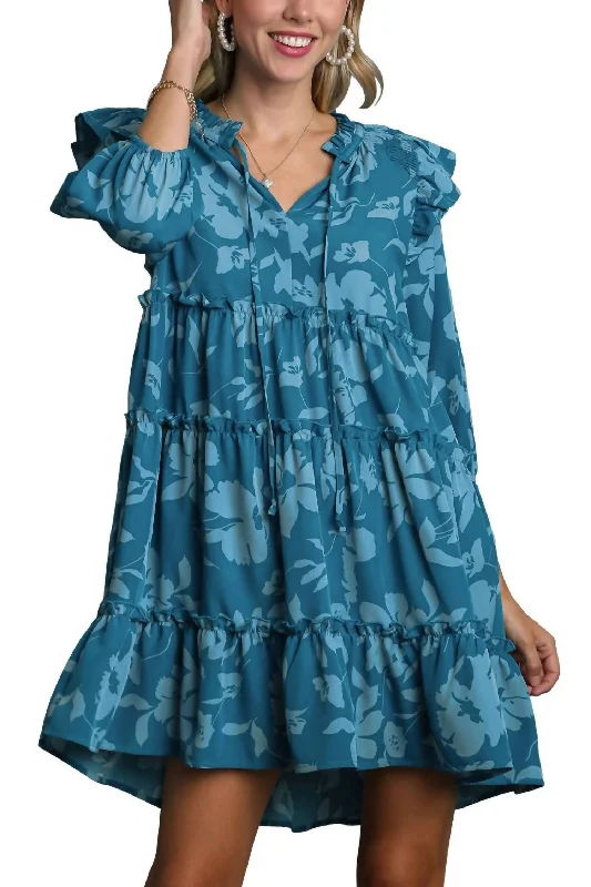 Affordable Women's Clothes Tiered Style 3/4 Sleeve Dress In Floral