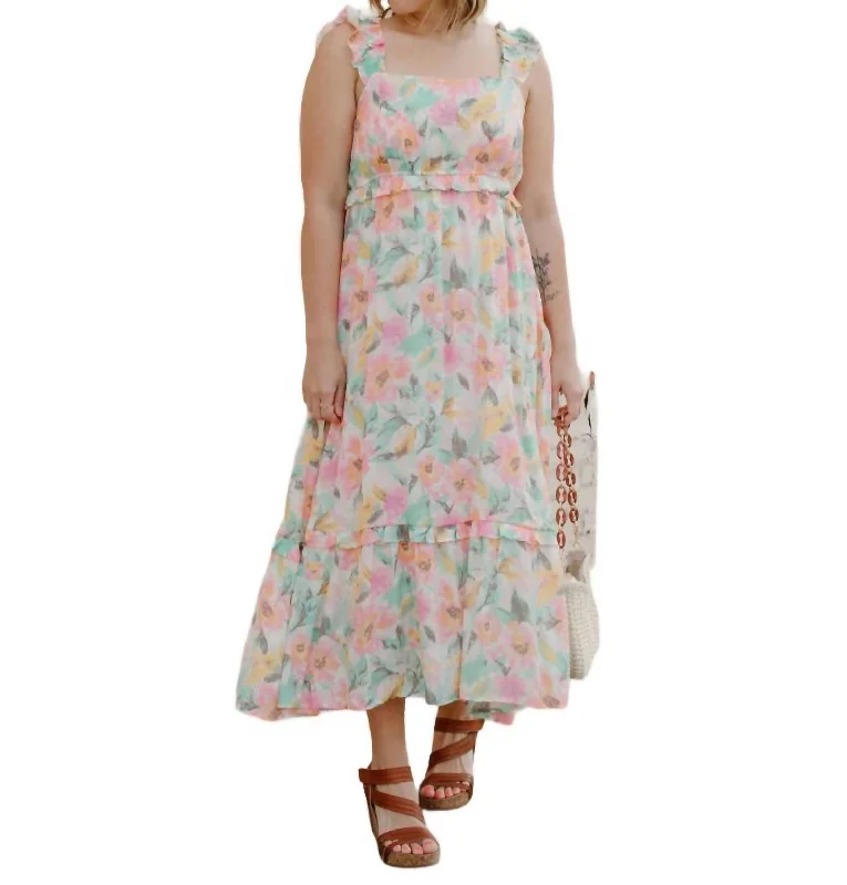 Fashionable Women's Clothes Floral Strappy Dress In Watercolor