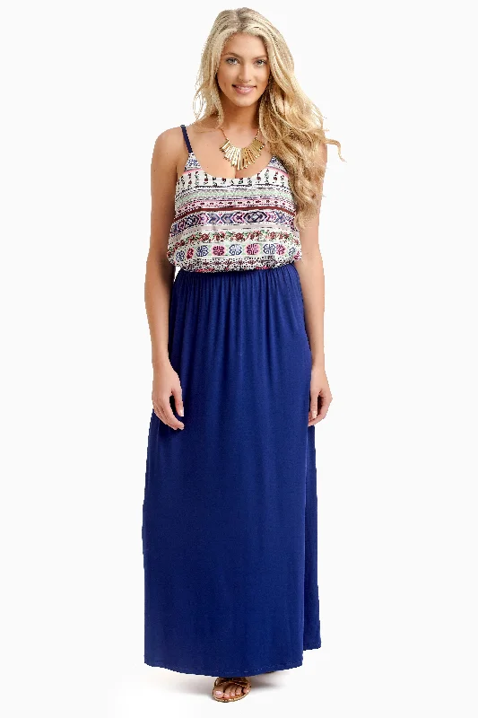 Chic Women's Outfit Navy Blue Printed Top Maxi Dress