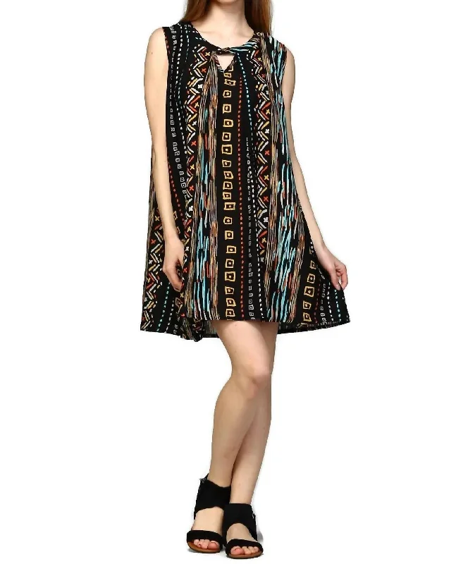 Women's Stylish Professional Garments Tribal Sleeveless Keyhole Dress In Black