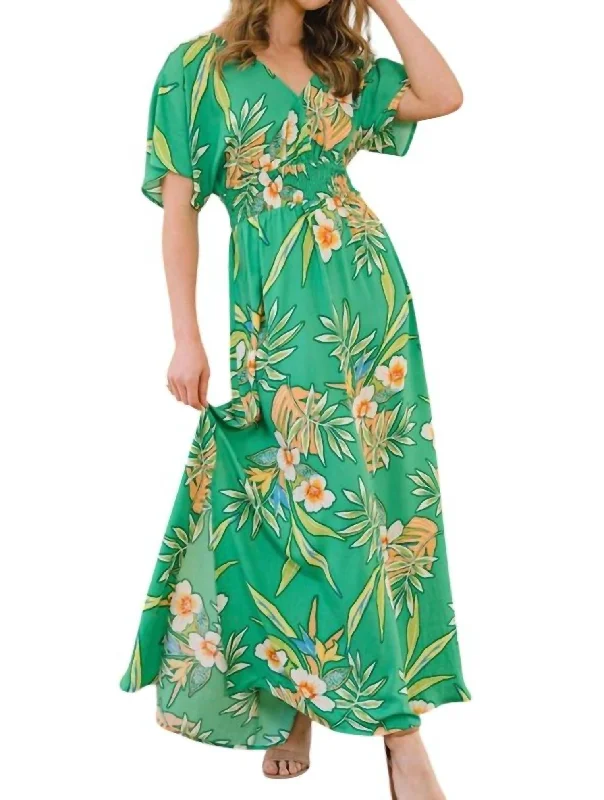 Vintage-Inspired Garments Floral Printed Wrap Maxi Dress In Green Multi