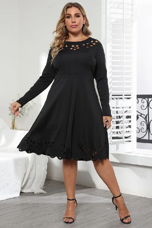 Women's Evening Garments Black Office A-line Crewneck Long Sleeve Below Knee Dress