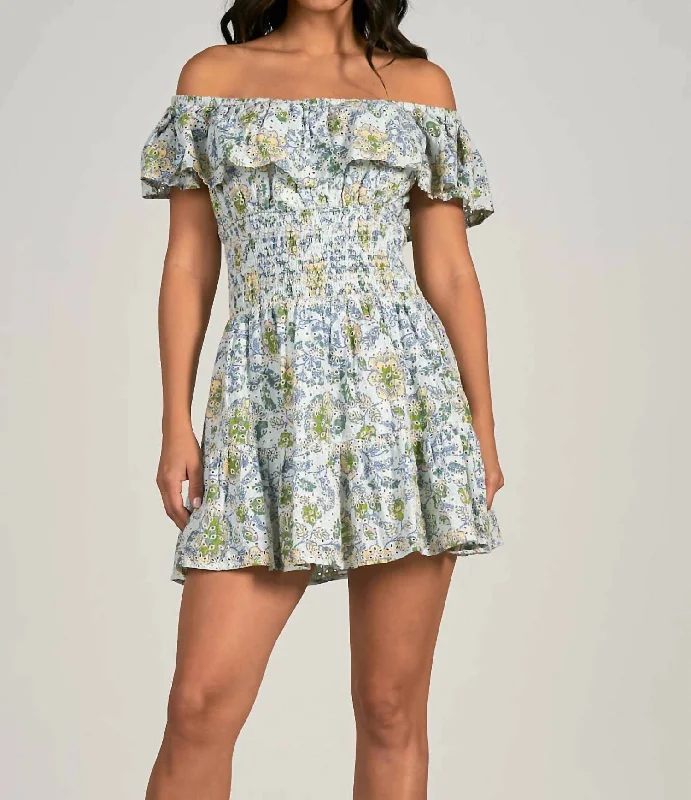 Women's Casual Outfit Off Shoulder Ruffle Dress In White/floral
