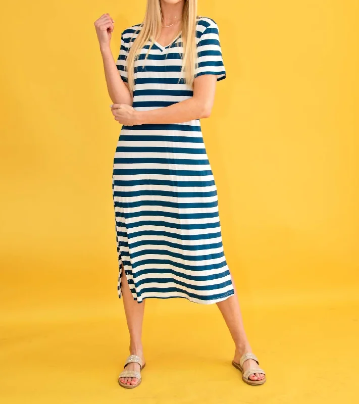 End of Season Sale Short Sleeve Stripe V-Neck Maxi Dress Side Slits In Blue